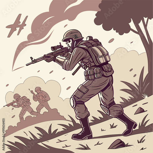 Tactical military squad advancing under air support vintage monochrome battlefield vector illustration