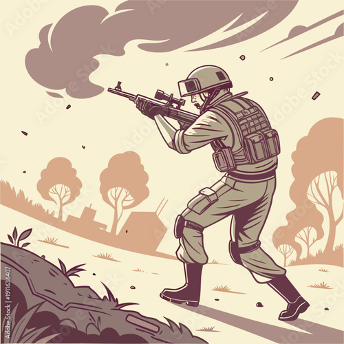 Tactical soldier aiming rifle in battlefield vintage monochrome military vector illustration
