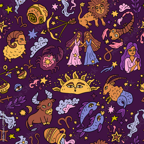 Seamless pattern with Western astrology. Zodiac animals. A cosmic fantasy backdrop for teenagers and small children. Fun zodiac.