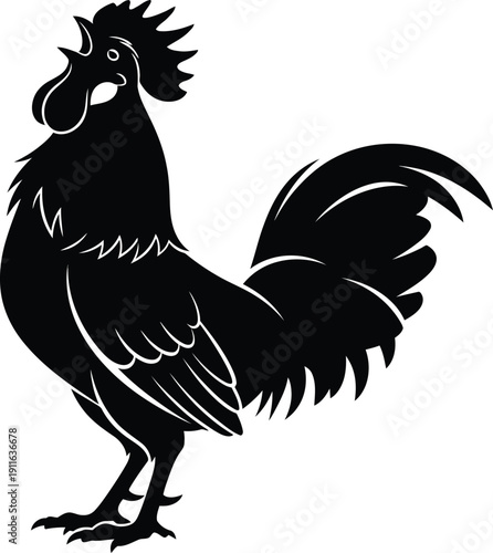 Black rooster silhouette standing proudly with feathers fluffed in a dramatic pose, vector illustration Whisk reference