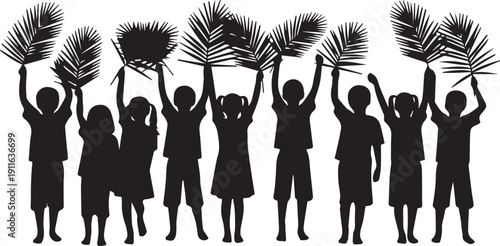 Children silhouette holding palm leaves vector illustration during religious celebration
