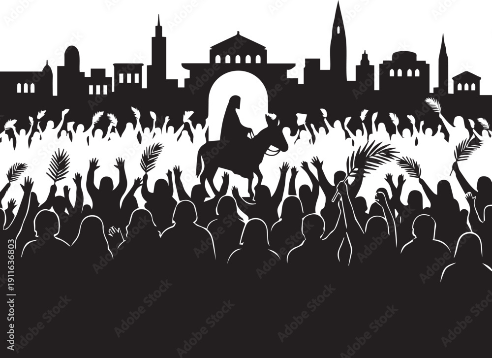 Obraz premium Entry into jerusalem silhouette vector illustration line art palm sunday religious scene crowd