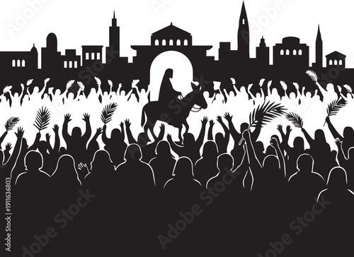 Entry into jerusalem silhouette vector illustration line art palm sunday religious scene crowd