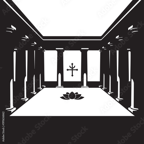 Interior temple hall with pillars and cross symbol silhouette vector illustration line art