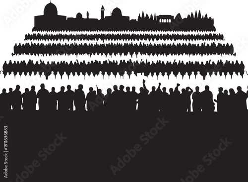 Jerusalem skyline silhouette with prayer crowd vector illustration for religious concepts