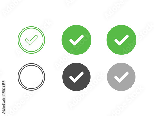 Set of green, grey, and outline checkmark icons in circles, vector graphics for confirmation and success
