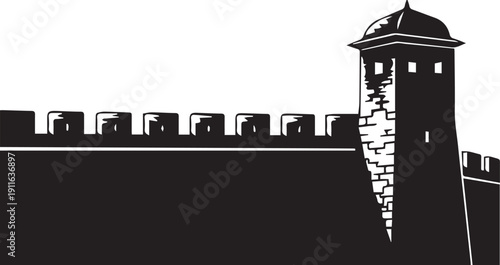 Medieval stone fortress rampart and watchtower silhouette vector illustration line art design
