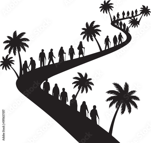 Pilgrim silhouettes walking on path with palm trees vector illustration for religious art
