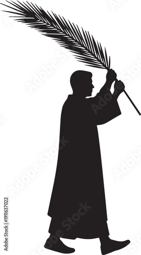 Priest holding palm branch silhouette vector illustration for religious celebration event