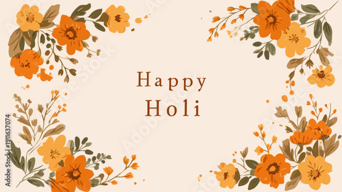 Elegant Botanical Holi Festival Vector Background with Warm Marigold Floral Frame and Spacious Copy Space for Presentation