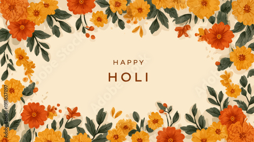 Elegant Botanical Holi Festival Vector Background with Warm Marigold Floral Frame and Spacious Copy Space for Presentation
