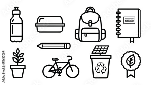 Eco-Friendly Lifestyle: A set of simple line icons representing elements of an eco-conscious lifestyle, promoting sustainability and environmental awareness.