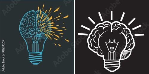 Two conceptual illustrations: a blue brain inside a lightbulb glowing with yellow rays, and a white brain silhouette over a glowing bulb against a black background. Represents sudden inspiration.