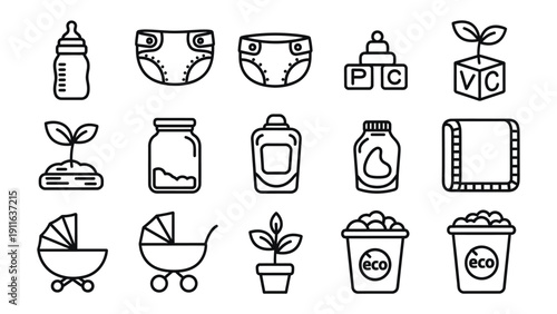 Eco-Friendly Baby Care: A collection of simple, charming line art illustrations showcasing essential baby care items and sustainable elements.