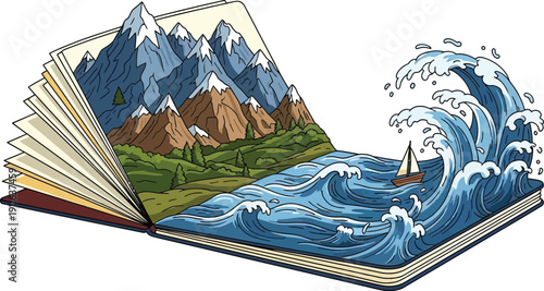 An open book revealing a 3D landscape with mountains, water, and a sailboat emerging from its pages, viewed from the side.