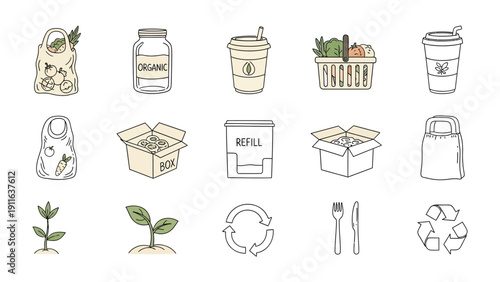 Sustainable Choices: A collection of eco-friendly elements, from reusable containers to budding plants and the universal symbol of recycling, illustrating a commitment to a greener lifestyle.