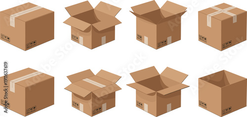Set of cardboard box vector icons featuring various open and closed delivery packages for shipping logistics moving and e-commerce storage packaging industry graphic design projects