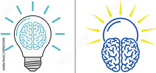 Creative vector illustration showcasing the concept of ideas and intelligence through a glowing lightbulb containing a brain alongside a separate brain icon radiating vibrant yellow light.
