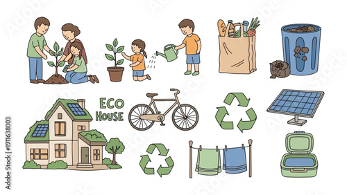 Eco-Friendly Life: A charming collection of illustrations showcasing eco-conscious living, from planting trees and recycling to utilizing solar panels and promoting sustainable practices.
