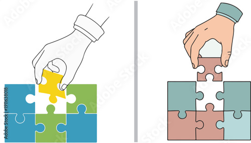 Two-part illustration showing hands placing final colorful pieces into partially completed jigsaw puzzles. Represents the final step of a process, problem-solving, and achieving completion.