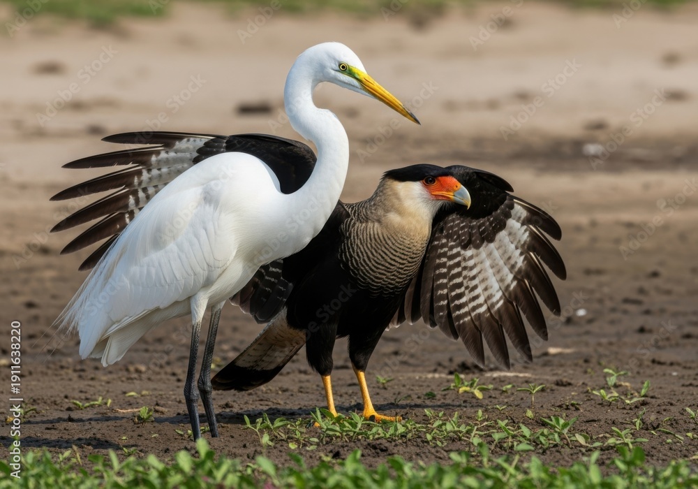 Obraz premium White stork and black bird fighting on the ground
