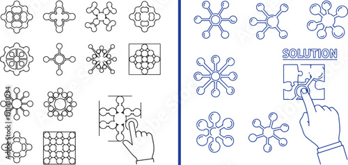 Thin line vector icons featuring intricate, snowflake-like interlocking patterns and molecular puzzle structures. Includes a hand pointing to a "SOLUTION" jigsaw, representing complex logic.