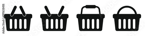 Four black shopping basket icons with varying handle and basket designs, symbolizing commerce