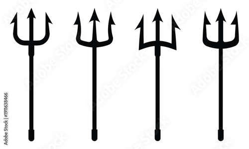 Four black trident symbols representing mythological or oceanic weapons
