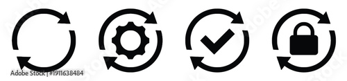 Four circular arrow icons with internal elements like gear, checkmark, and lock