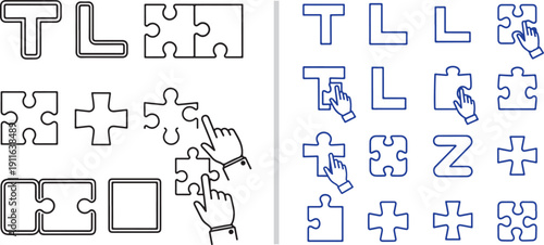 Thin line vector icons featuring jigsaw pieces shaped like letters T, L, and Z, alongside standard puzzle parts. Hands interact with the pieces, symbolizing custom problem-solving and logic.