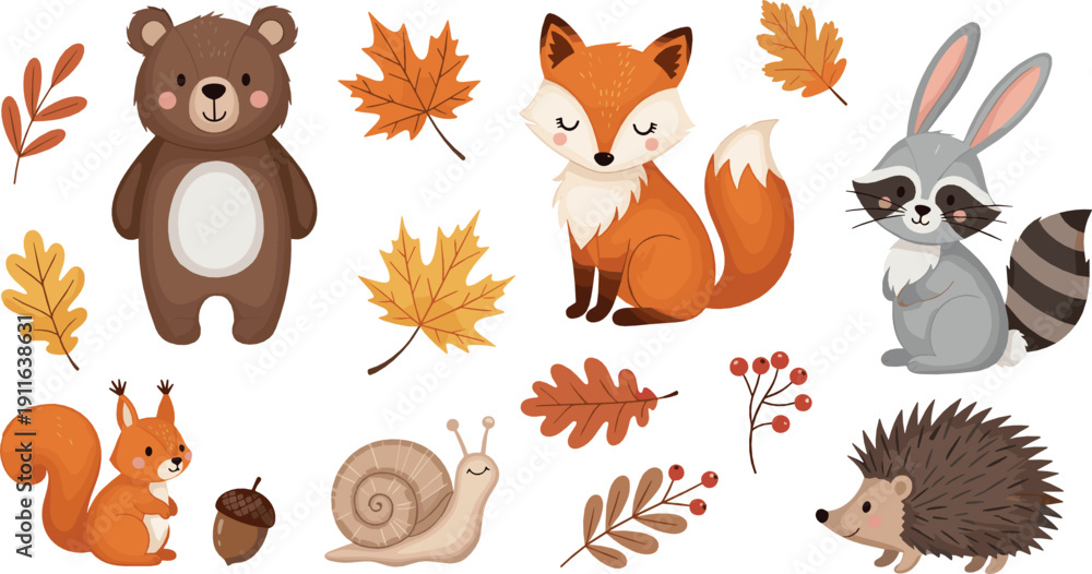 Fototapeta premium Cute autumn forest animals and fall leaves illustration set with bear, fox, rabbit, squirrel, hedgehog, snail, and seasonal woodland elements
