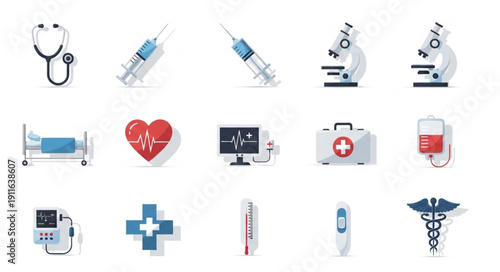 Collection of Medical Icons Representing Healthcare and Science.