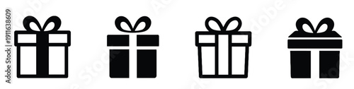 Four gift box icons with ribbons representing presents and surprises