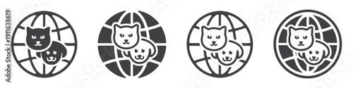 Four globe icons with cat and dog faces, symbolizing global pet adoption or animal welfare services