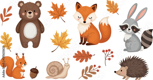 Cute autumn forest animals and fall leaves illustration set with bear, fox, rabbit, squirrel, hedgehog, snail, and seasonal woodland elements