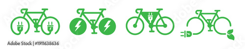Four green electric bicycle icons with plug and leaf symbols