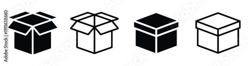 Four icons of cardboard boxes in open and closed states