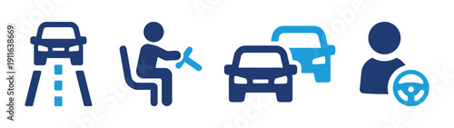 Four icons representing car driving and transportation, including road and driver