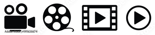 Four icons related to filmmaking and video playback