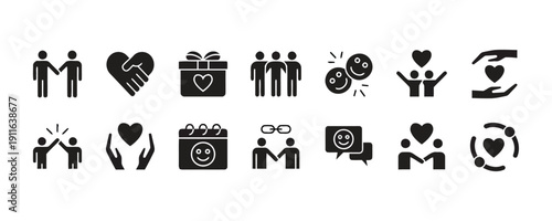Friendship and community icons showing people holding hands and hearts