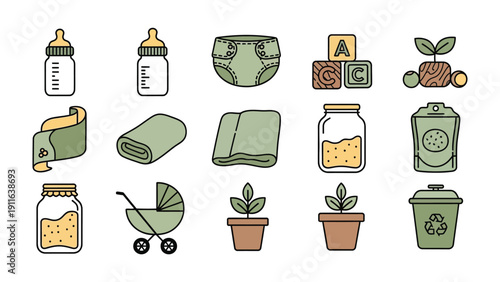 Nurturing Essentials: An array of baby essentials, showcasing items such as bottles, diapers, blocks, blankets, and a stroller, arranged against a clean backdrop.