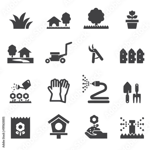 Gardening and landscaping elements and tools set for garden care and yard maintenance