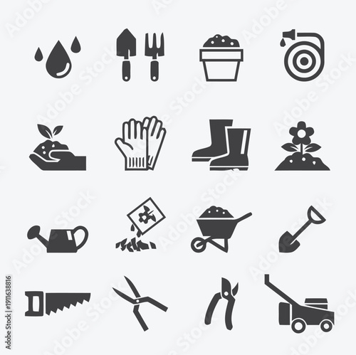 Gardening tools and supplies icons set in flat design style