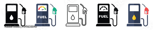Gas station pump icons set with different styles and colors