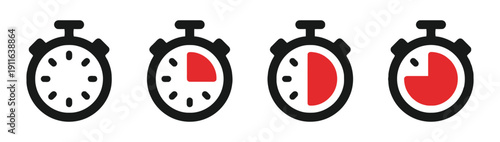 Four stopwatch icons showing progress from empty to quarter elapsed time