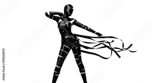 Full body silhouette of a female figure wrapped in black satin ribbons