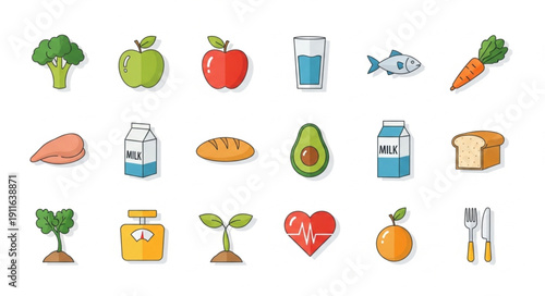 Healthy Food Icons Representing Nutrition and Wellness.