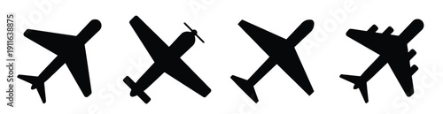 Four stylized airplane icons arranged in a row, top down perspective