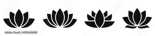 Four stylized black lotus flower icons representing peace and spirituality