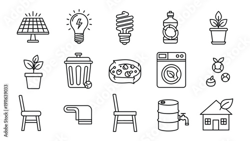 Eco-friendly Icons in Line Art: A set of simple yet illustrative line art icons, each representing a facet of eco-friendly living and sustainable practices.